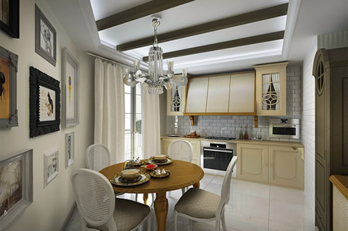Фальш-балки в декоре потолка кухни