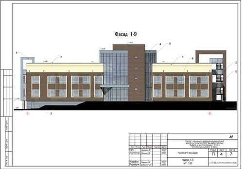 Графический материал, цветовое оформление фасада здания с обозначенным типом отделки и цвета по RAL