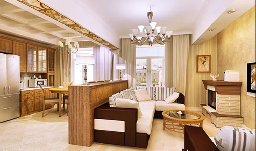 Интерьер гостиной с кухней